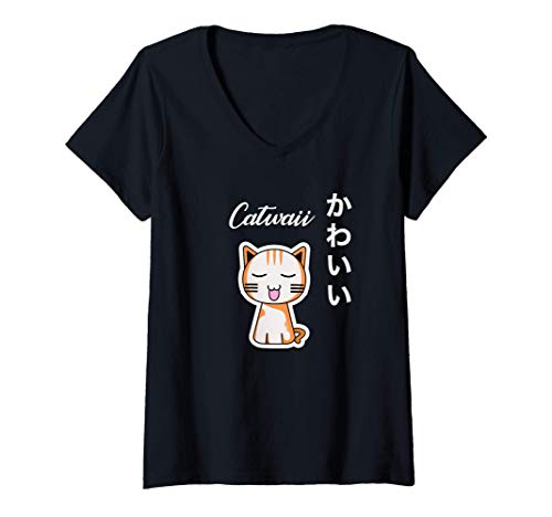 Damen Kawaii Cat with Japanese Writing Retro Manga Style T-Shirt mit V-Ausschnitt