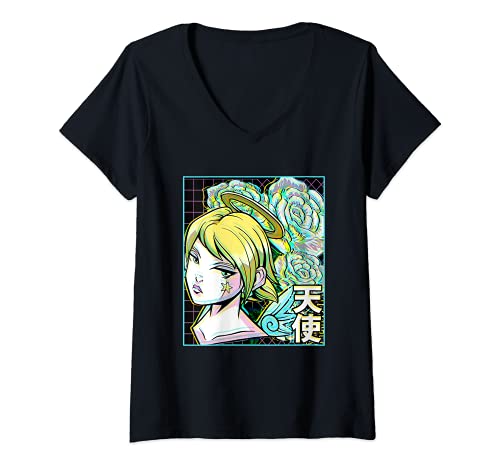 Damen Vaporwave Retrowave Anime Lofi TShirt mit VAusschnitt