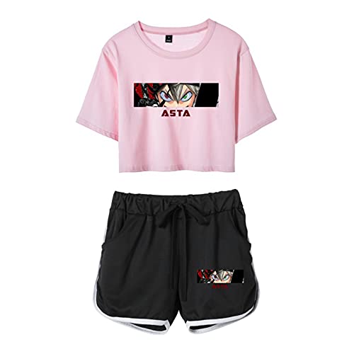 Damen T-Shirt Shorts Set Black Clover Asta Kurzarm Sommer Lässig Cosplay Kostüm Für Anime-Partys 