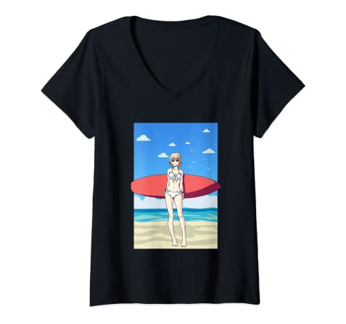 Damen Surfer Anime Girl Surfbrett Retro Bikini Surfen Otaku Weeb T-Shirt mit V-Ausschnitt