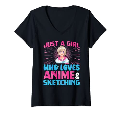 Damen Manga Anime Waifu just a girl who loves anime and sketching T-Shirt mit V-Ausschnitt