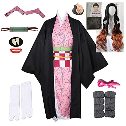 Japanese Anime Demon Slayer Kamado Nezuko Cosplay,Weiblicher Kimono,mit Sockenhaarabdeckung, Nagel u