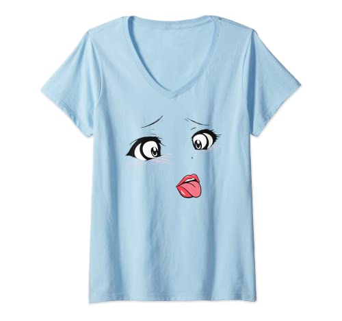 Damen Ahegao Gesicht Zunge Anime Waifu T-Shirt mit V-Ausschnitt