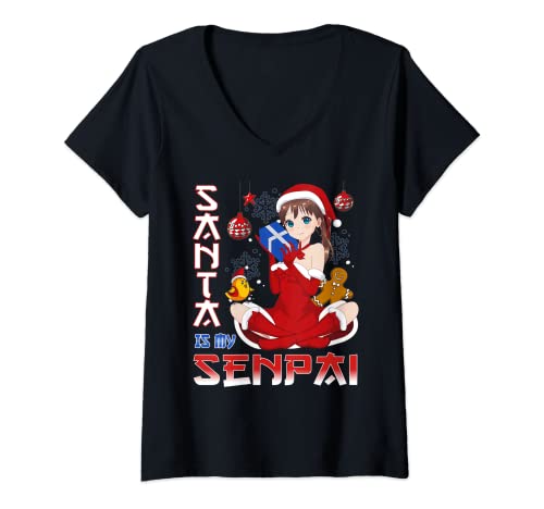 Damen Anime Christmas Girl Manga Senpai Style T-Shirt mit V-Ausschnitt