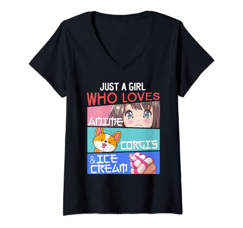 Damen Just Girl Who Loves Anime Corgis Ice Cream Kawaii Otaku T-Shirt mit V-Ausschnitt