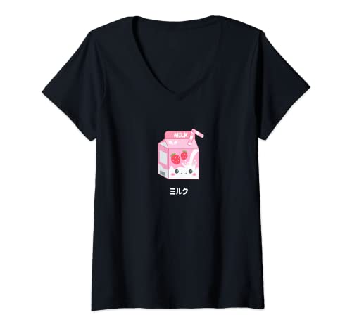 Damen Kawaii Pink Strawberry Milk Carton Japanese Vaporwave Anime T-Shirt mit V-Ausschnitt