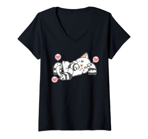 Damen Kawaii T-Shirt Cute Panda Bär und Katze Kleidung Shirt mit V-Ausschnitt