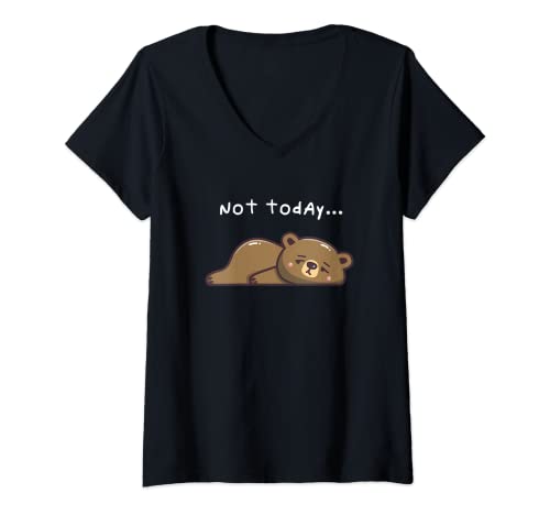Damen Kawaii T-Shirt Funny Lazy Bear Not Today Sarkastic Shirt mit V-Ausschnitt