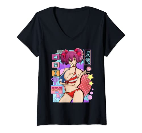Damen sexy Anime Girl Waifu Cosplay T-Shirt mit V-Ausschnitt