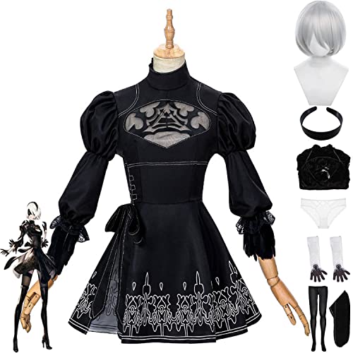 Amalon NieR mata Yorha Nr. 2 Typ Cosplay Kostüm Outfit Spielfiguren Schwarzes Kleid Uniform Full Se