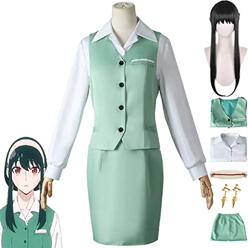 Amalon Anime Spy Family Yor Forger Cosplay Kostüm Outfit Schwarz Grün Kleid Uniform Full Set Hallo
