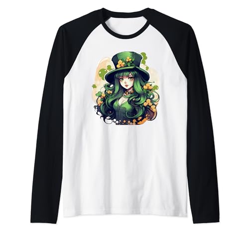 Anime Waifu Saint Patricks Day Kobold Irish Folklore Raglan