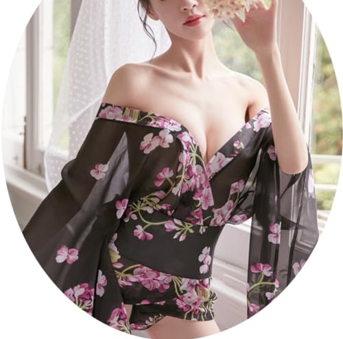 Damen Kimono Robe Dessous Kurz Kostüm Nachtkleid Sommer Dünner Chiffon Pyjama B14, Schwarz One siz