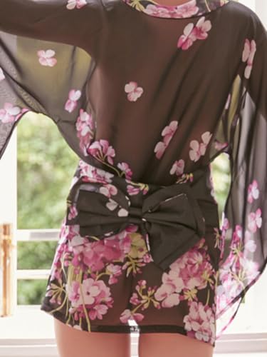 Damen Kimono Robe Dessous Kurz Kostüm Nachtkleid Sommer Dünner Chiffon Pyjama B14, Schwarz One siz