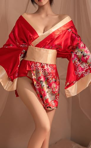 r Kimono-Damen, Cosplay, Dessous, kurz, seidig, japanischer Pyjama, -Kostüm, rot, One size