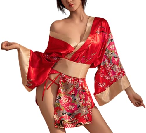 r Kimono-Damen, Cosplay, Dessous, kurz, seidig, japanischer Pyjama, -Kostüm, rot, One size