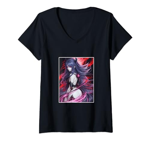 Damen Anime Girl She Devil Dämonin Teufelin T-Shirt mit V-Ausschnitt