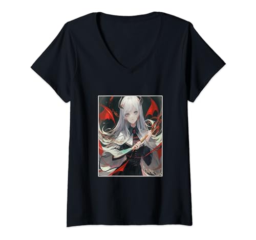 Damen Anime Girl She Devil Dämonin Teufelin yandere T-Shirt mit V-Ausschnitt