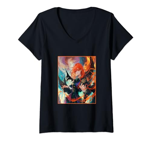 Damen Anime Girl She Devil Dämonin Teufelin yandere T-Shirt mit V-Ausschnitt