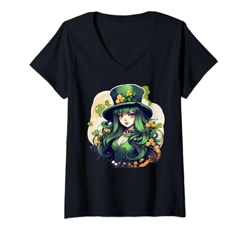 Damen Anime Waifu Saint Patricks Day Kobold Irish Folklore T-Shirt mit V-Ausschnitt