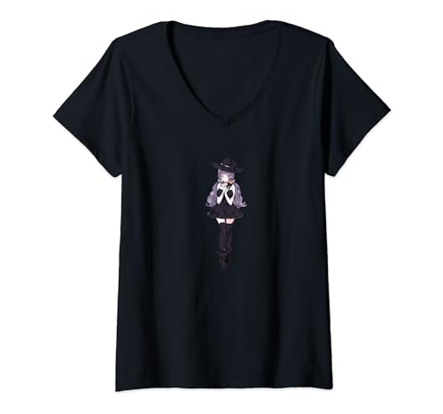 Damen Entzückende Anime-Hexe, die eine Kürbis-Süßigkeit hält. T-Shirt mit V-Ausschnitt
