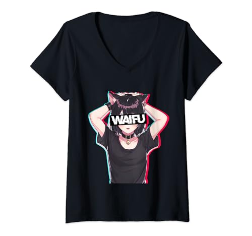 Damen ästhetisches Waifu Anime Otaku Girl Vaporwave T-Shirt mit V-Ausschnitt