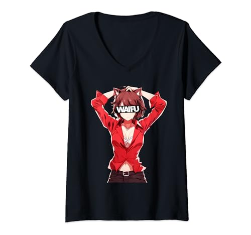 Damen ästhetisches Waifu Anime Otaku Girl Vaporwave T-Shirt mit V-Ausschnitt