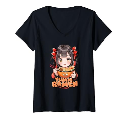 Damen Kawaii Ramen T-Shirt, Neko Waifu Streetwear, Anime T-Shirt mit V-Ausschnitt