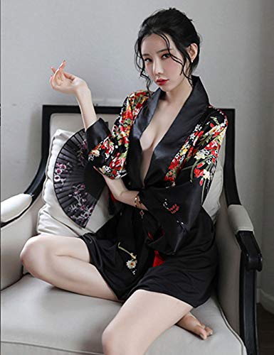 Damen Sexy Kimono Kurz Kleid mit Obi Gürtel Kostüm Schlafzimmer Rollenspiel Dessous Nachtwäsche