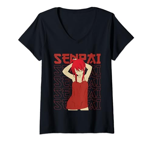 Damen Waifu Otaku Japanisch mit roten Haaren T-Shirt V-Ausschnitt