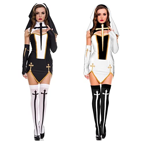 Schwarz Nonne Minikleid Set Split Rollenspiel Kostüme Sexy Shows Cosplay Uniform suchung Halloween 