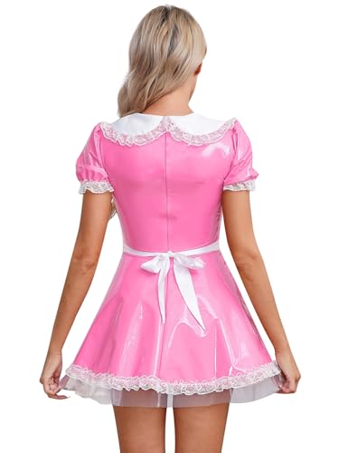 YiZYiF sexy Wetlook Damen Dienstmädchen Kostüm Französisch Maid Uniform Lackleder Kleid Fasching 