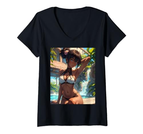 Damen Anime Waifu im Bikini Tropische Bäume Otaku Ästhetik T-Shirt mit V-Ausschnitt