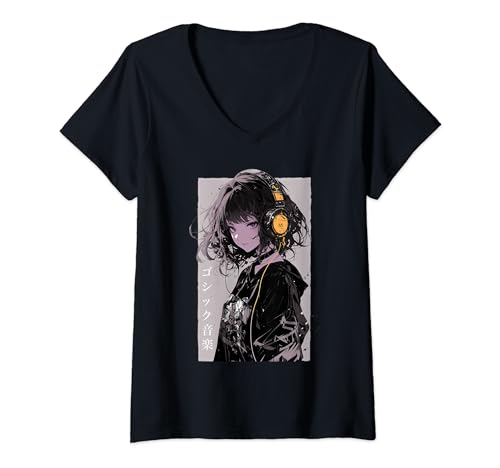 Damen Anti Social Emo-Waifu Anime Musikliebhaber Gothic Otaku T-Shirt mit V-Ausschnitt