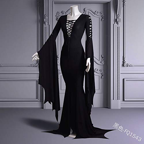 Damen Gothic Vintage Kleid sexy Hexenkostüm Morticia Addams Bodenkleid Halloween Karnevalsparty