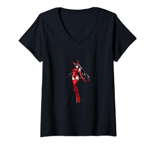 Damen s Waifu in Rot und Schwarz T-Shirt mit V-Ausschnitt