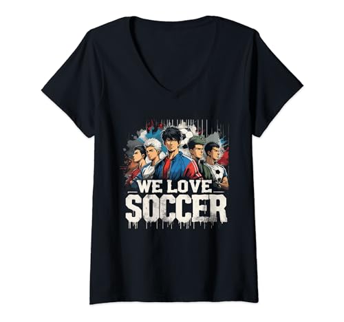 Damen Wir lieben Soccer Club Squad Anime Manga Manwha Husbando Otaku T-Shirt mit V-Ausschnitt