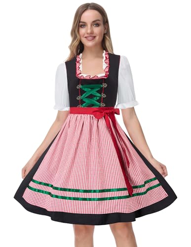 Damen Dirndl 3tlg Kleid Knielang Trachtenkleid Oktoberfest Festliche Set mit Bluse Kleider und Schü