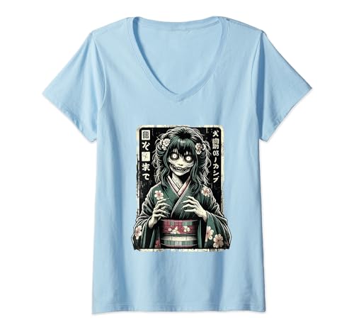 Damen Anime Horror Girl Ästhetischer weicher Grunge Waifu r Otaku T-Shirt mit V-Ausschnitt