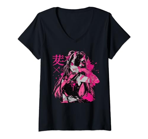Damen Goth Grunge Dämon Anime Girl Waifu Horror Alt-Ästhetik T-Shirt mit V-Ausschnitt