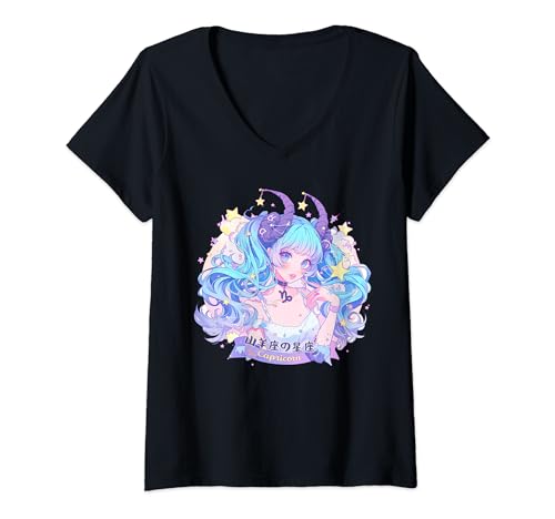 Damen Sternzeichen Steinbock Waifu Anime Astrologie Konstellation T-Shirt mit V-Ausschnitt