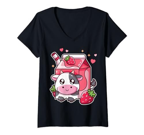 Damen Kawaii Kuh und Erdbeermilch Milchshake Karton Stroh