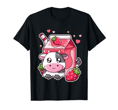 Kawaii Kuh und Erdbeermilch Milchshake Karton Stroh TShirt