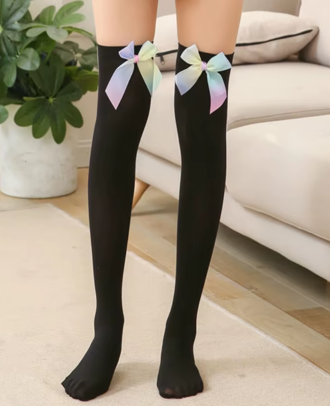 bowknot thigh high stockings women girl hosiery sexy underwear cosplay student cosplay stockings (rainbow random)